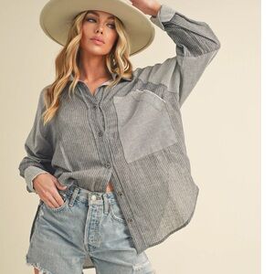 Pinkblush Black Gray Striped Colorblock Button Up Top